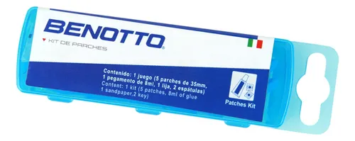 PARCHE CON PEGAMENTO BENOTTO KIT (5 PARCHES 35mm/ 1 PEGAMENTO 8ml/ 1 LIJA/ 2 LLAVES ESPATULA)